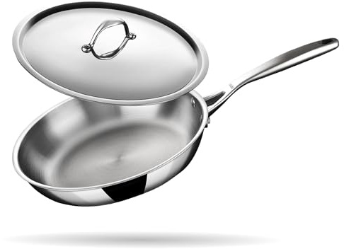 Stahl Artisan Triply - Padella in acciaio inox con coperchio, 2 l, 24 cm, compatibile con fornelli a induzione e gas, padella per omelette, padella per uova