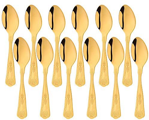 Meisha Coffee Spoon, Kings Pattern Stainless Steel Espresso Spoons Mirror Polishing Spoon Set Dishwasher Safe, Set of 12, 4.4-Inch Gold