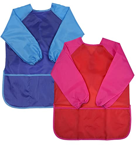 2 Stück Malschürze Kinder 5-10 Jahre, Kinderschürze mit langen Ärmeln, Malkittel Kinder Bastelschürze für Mädchen/Junge, Paint Apron Kids zum Malen Basteln Kochen Backen, Blau & Rot (Mittel)