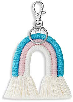 FleurVC Regenbogen-Quasten-Schlüsselanhänger, Makramee, Boho-Schlüsselanhänger, Taschenanhänger für Frauen und Mädchen, B Blau, Einheitsgröße