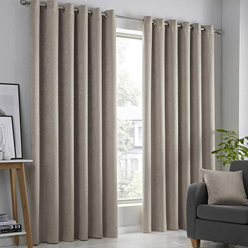 Fusion Strata Natural Eyelet Curtains – Pair of Panels W66 x L72 (168 x 183cm) – Linen Look Thermal Curtains for Bedroom or Living Room – Modern Neutral Drapes for Doors & Windows