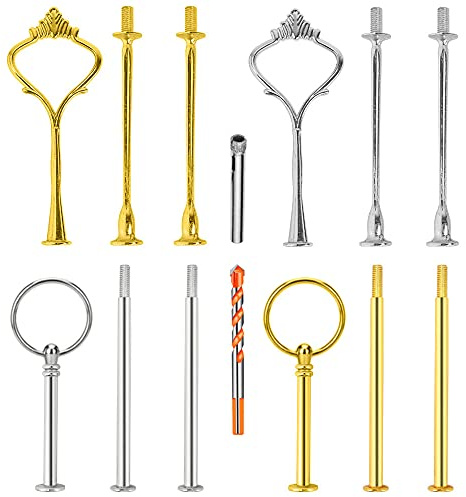 Zasvec Etageren Stange 4 Sets Etagere Stangen Silber und Gold Metall Etageren-Bausatz Etageren Stangen Set Metallstangen Tortenständer Set 2/3 Stöckig Krone und Round mit Bohrer für Hochzeits