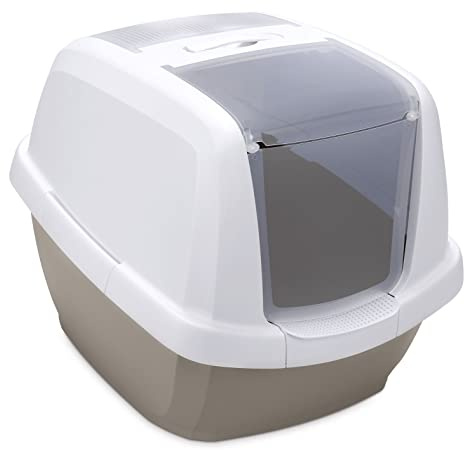 Lettiera per gatti con porta basculante, colore: bianco/grigio