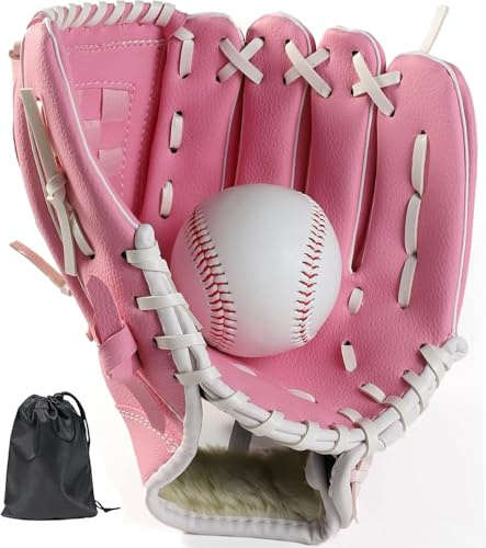 LeapBeast Baseball Handschuhe, Softball Handschuhe mit 1 Ball, Baseball Training Wettbewerb Handschuh Verdicken Dauerhaft Softballhandschuhe für Kinder Erwachsene (Rosa, 11,5 Zoll)