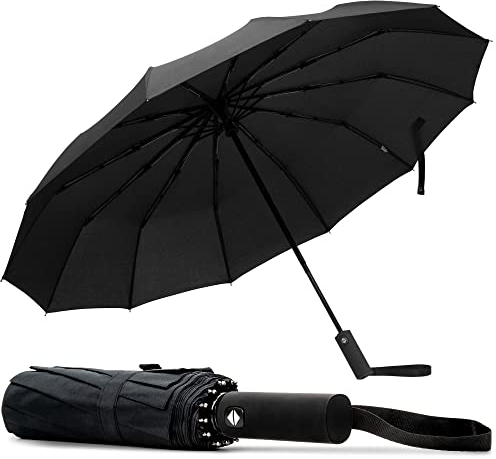 TANNESS Windproof Travel Umbrellas for Women and Men | 12 Rib - Automatic Folding Lightweight Compact Umbrella for Rain and Sun Protection | Ideal as Beach Umbrella and Patio | (Black)