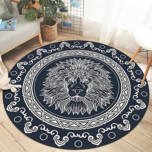 WLICWEI Traditioneller Orientteppich fusselfrei Esszimmer Eingangsbereich Foyer Wohnzimmer Schlafzimmer Teppich Geometrischer Löwe Dunkelblau ø 90 cm