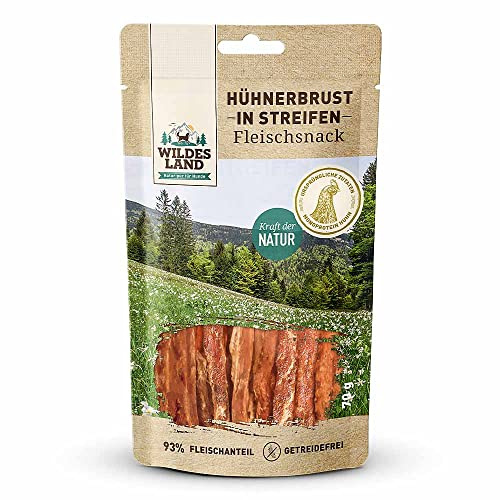 WILDES LAND – Hühnerbrust in Streifen | Kausnack mit natürlichen Zutaten und extra hohem Fleischanteil für ausgewachsene Hunde. Getreidefreier Hundesnack ohne Zusatzstoffe im Beutel | 7x70g Huhn