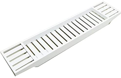 Almineez Luxury Bamboo Wood Bath Tub Caddy Rack Tray, Water Resistant Bathroom Shelf Tidy Tray Storage Shelf Organiser (White)