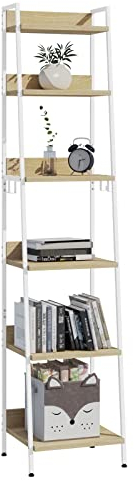 WOLTU Bücherregal Standregal mit 6 Ebenen, Küchenregal mit 4 Haken, Bücherregal im Industriestil, Lagerregal im Wohnzimmer Küche, Regal aus MDF Metall, schmales Leiterregal weiß RGB30whe