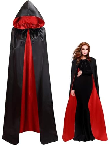 YIMOJOY Halloween Vampir Kostüm Erwachsene Satin Umhang mit Kapuze 150CM/170CM Doppelseitig Vampir Umhang Damen für Halloween Karneval Mittelalter Kostüm Party(XL)