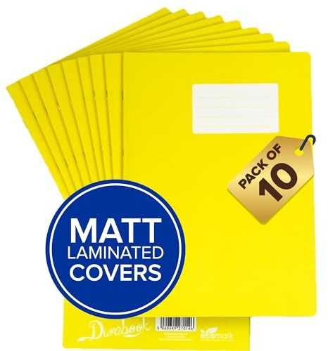 Durabook A4+ 8mm F&M Yellow Exercise Books Pack of 10, 80 Page School Exercise Book, Durable Matt Laminated Water-Resistant Cover, Ruled & Margin Notebook A4 Paper, Home & School Supplies
