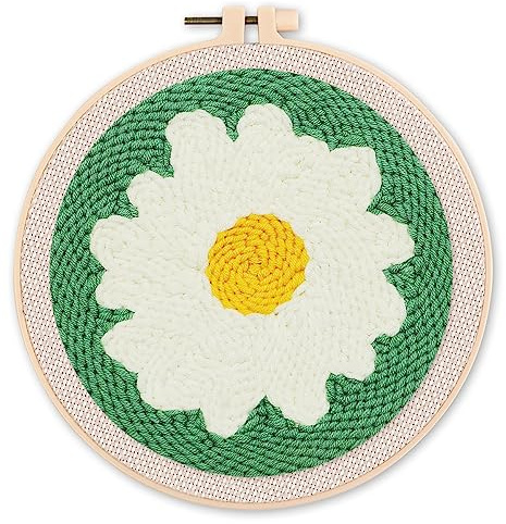 Figured'Art Punch Needle Set für Erwachsene - Stickerei, ideal für Anfänger - Weißes Gänseblümchen - 20x20cm mit rundem Rahmen