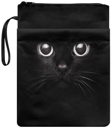 Poceacles Buchhülle mit Reißverschluss, Motiv: schwarze Katze, wiederverwendbar, Taschenbuch, Hardcover, Buchtragetasche