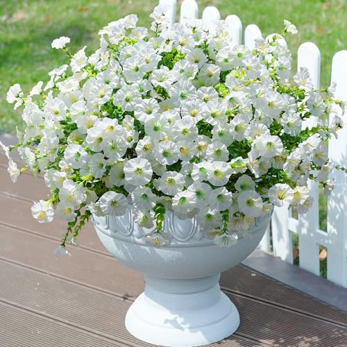 Artificial Flowers Fake Plants for Outdoors Decoration, 12 Bundles White Silk Morning Glory with Eucalyptus Realistic UV Resistant Faux Flowers for Outside Planter Porch Yard Patio Garden Home Indoor