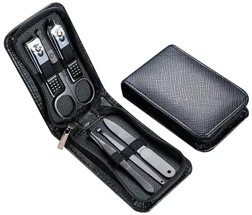 Kit Manucure Pédicure. Ensemble d'outils Coupe ongles et ciseaux en acier inoxidable avec etui de voyage (Noir/Inox)