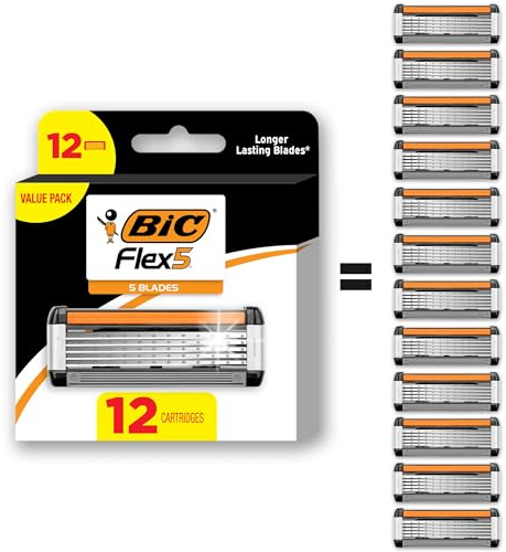 BIC Flex 5 Nachfüllbare Nachfüll-Rasierkartuschen für Männer, Long-Klingen-Rasierer für eine glatte und komfortable Rasur, 12 Nachfüllpatronen
