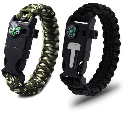 Ryaupy 2PCS Paracord Überlebensarmband - Kompass, Pfeife, Feuerstein und Messer - für Wandern, Camping, Bushcraft und Notfallausrüstung(Schwarz und Tarnung)
