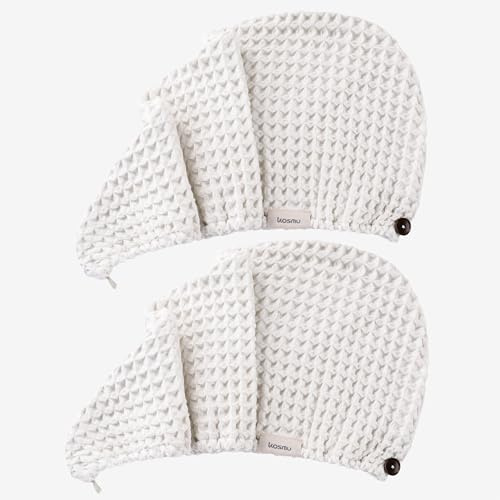 KOSMU Hair Towel | 2 Pack, 100% Cotton Silk Waffle Wrap Turban for Women, Ultra-Absorbent, Anti Frizz, Hair Damage Protection for Straight and Curly Hair (Shell White, 2 Pack)