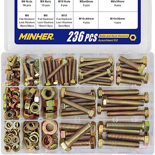 MINHER M6 M8 M10 236 Stück Sechskantschrauben mit Außensechskant und Muttern Unterlegscheiben set 8.8 Verzinkter Legierter Stahl