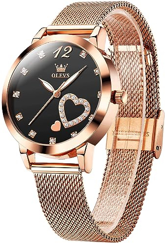 OLEVS Roségold Damenuhr Edelstahl Elegante Quarz Analog Damen Armbanduhr Schwarz Zifferblatt Leuchtende Wasserdicht Uhren Damen Ultra Slim Mesh Armband Uhren Frauen mit Diamant Herz Schöne Geschenke