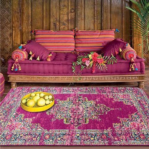 Taidianolp Area Rugs Living Room Home Decor,Fuchsia,150 x 240 cm,Fuchsia Red Green Yellow Floral Shabby Chic Vintage Patterns,Modern Washable Rugs Contemporary Carpet Non Slip,