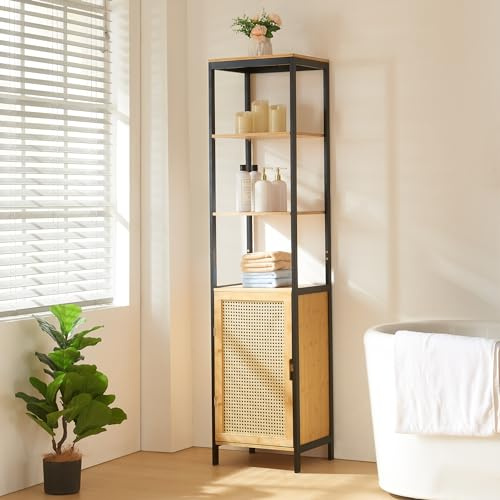 [en.casa] Mobile a Colonna per Bagno Mobile Stretto Alto con Ripiani e Armadietto con Anta Traforata Effetto Rattan Arredo Bagno da Stoccaggio 172 x 40 x 35 cm Nero/Naturale