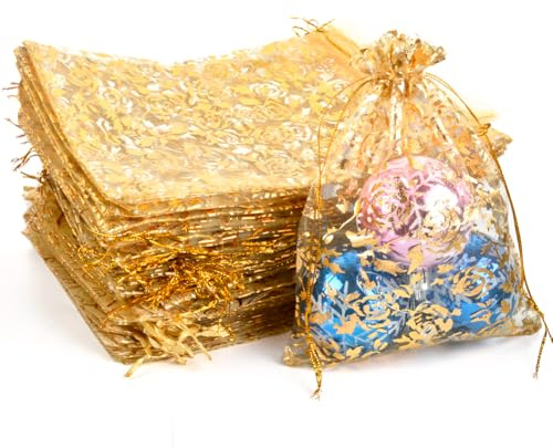 CLTPY 100 PCS Organzasäckchen Gold Rose Muste Organzabeutel Schmuckbeutel Geschenksäckchen Kordelzug Duftsäckchen Organza Säckchen für Hochzeit Weihnachten Gastgeschenke Süßigkeiten(17x23cm)