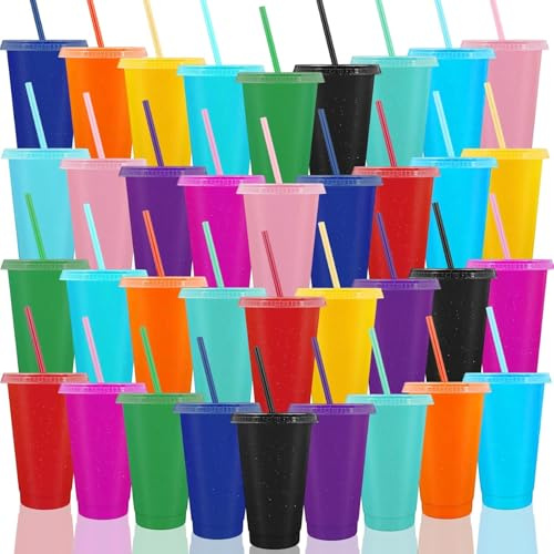 Malloom 36 Stück Plastikbecher Mehrweg mit Deckel & Strohhalm, 700ml Trinkbecher Glitzer-Kaltgetränkebecher,Party-Trinkbecher Travel Mug für Eiskaffee, Smoothies,Milchshakes, Geburtstag