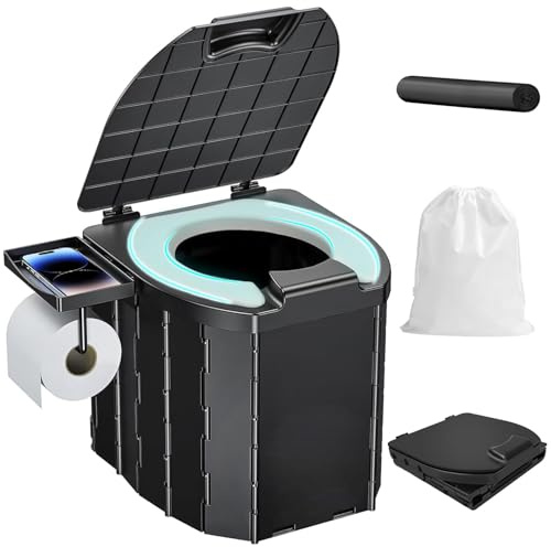 WC da Campeggio Con Porta Rotolo e Supporto per Telefono, Sedile Morbido Con Urina Splash Guard, Max 200 kg, Pieghevole per Escursionismo (Nero)