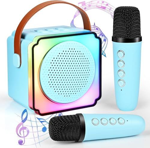 Karaoke Maschine Kinder mit 2 Karaoke Mikrofon Kinde Mini Tragbares Bluetooth Lautsprecher mit Stimme wechselnde Effekte & LED Lichteffektenfür Partei, Geschenke für Geburtstag, Weihnachten (Blau)
