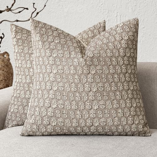 Foindtower Set of 2 Decorative Neutral Floral Print Throw Pillow Covers Vintage Accent Farmhouse Cushion Covers Boho Home Decor for Sofa Couch Chair Bedroom Living Room,20×20 Inch,Tan Taupe