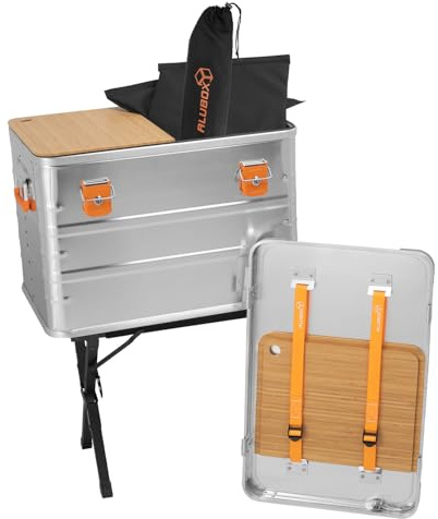 Alubox® Campingbox 78 Liter Aluminium Kitchenbox Campingküche Küchenbox 62 x 41,5 x 41 cm für PKW/Auto Kofferraum inkl. Einsatz mit 3 Trennfächern + 2 Bambus-Schneidebretter + robusten Klappständer