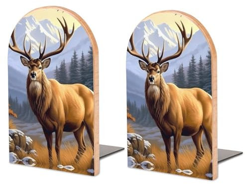 2 Stück Buchstützen aus Holz, Buchstützen mit Hirsch-Frost-Motiv für Regale, rutschfeste Buchstützen für Büro, Zuhause, Küche, Buchstützen zum Aufbewahren von Büchern, 12,7 x 7,6 cm