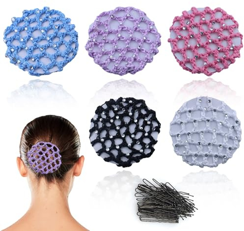Red para el pelo, red para el pelo, 5 unidades, red para el pelo, red para moños, red para el pelo, red de ballet, red para el pelo, red de ballet, moños de ballet para niñas (con brillantes), con 50