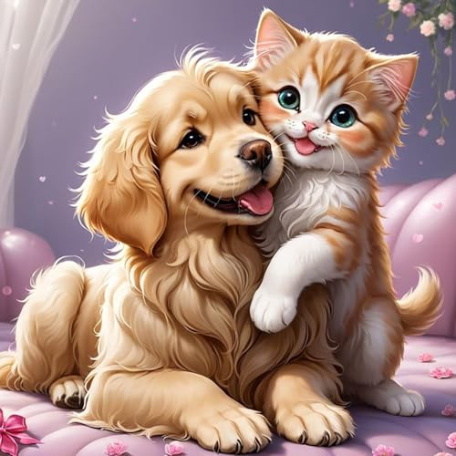 Lxmsja 5D Pintura Diamante Perro Kit, Gato Diamond Painting Adultos Kit, Kit Pintura Diamante Animal, DIY Diamond Painting Kit Completo Para Decoración De Pared Del Hogar 30x30cm