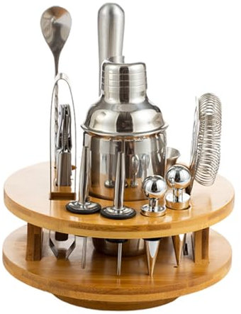 ZZTWER Kit de coctelera Juego de coctelera de Acero Inoxidable de 12 Piezas, coctelera con Base de bambú giratoria, Juego de Mezclador de Bebidas para el hogar y el Bar Juego de coctelera