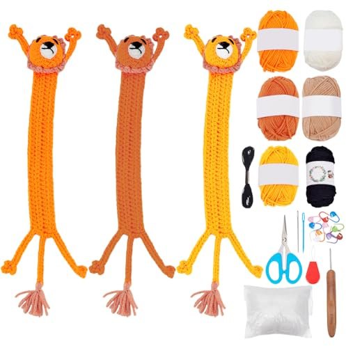 WEBEEDY 3 Sets Häkel-Set für Anfänger Mit Videoanleitungen Löwen Häkel Lesezeichen Set Tier-Lesezeichen Für Erwachsene Handgefertigte Niedliche Tier Lesezeichen Für Frauen Buchliebhaber Geschenke