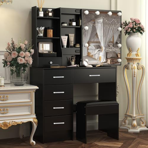Teousev Schminktisch mit Beleuchtung und Spiegel, Einstellbarer Helligkeit, Frisiertisch mit Hocker, Kosmetiktisch mit 6 Schubladen und 6 Ablagen, 80X36X131Cm, Schwarz, J4729