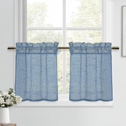 DWCN Blå fönstergardiner, moderna gardiner, linneutseende, kort gardin, halvtransparent, 2 stycken, H 45 x 90 cm, fönstergardiner för köksgardiner, lantställe, skåpgardin, vardagsrum, bistrogardin