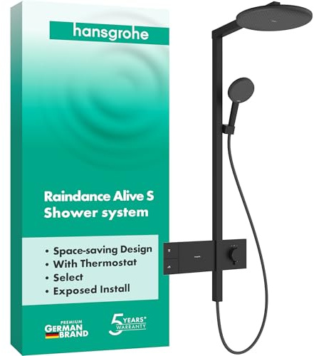 hansgrohe Raindance Alive S - Duschsystem mit Thermostat, Regendusche (300 mm) mit Armatur, Handbrause (3 Strahlarten inkl. PowderRain), Schlauch, Brausestange und Kopfbrause, Mattschwarz, 24582670