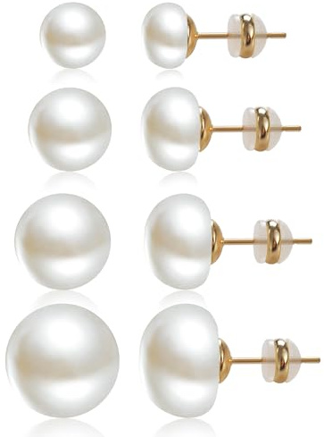 4 Pairs Pearl Stud Earrings 14K Plated Gold Sterling Silver Hypoallergenic Earring stud Flat Round Large size pearl 8mm-14mm Set Earrings for women