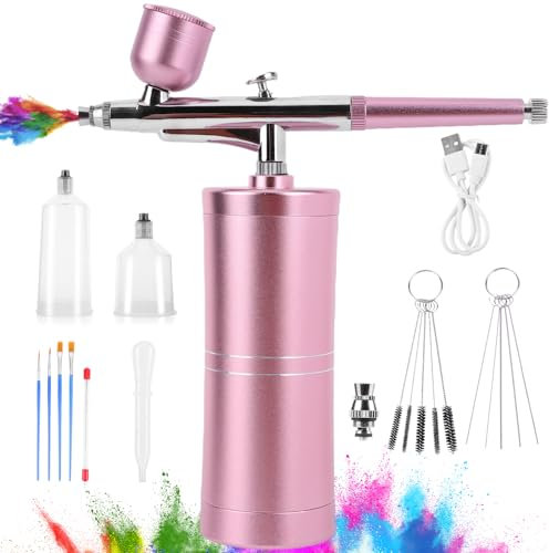 Portable Airbrush Kit with Compressor, Mini Rechargeable Cordless Non-Clogging High-Pressure Air Brush Gun with 0.3mm Nozzle Cleaning Brush Set, Airbrush for Nail Art,Painting,Makeup,Cake Decor (Pink)