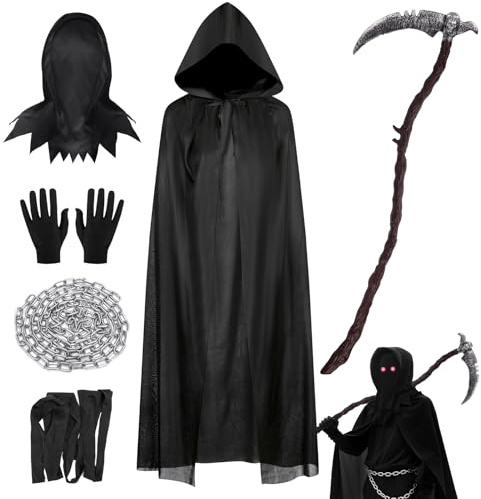 Sensenmann Kostüm Kinder mit Gebogene Sense & Separate Maske - 6er Set - Gruselige Halloween Kostüm Junge Sensenmann Umhang Schwarze 98-118 Grim Reaper Tod Dementor Costume Cosplay Outfit Party