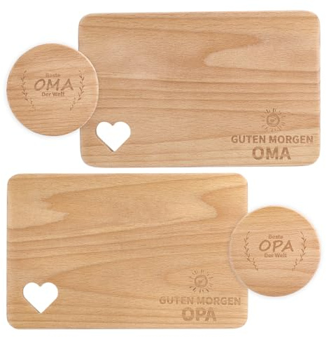 Oma und Opa Geschenke Frühstücksbrettchen Personalisiert Frühstücksbrettchen Holz Mit Gravur Set, 2× Frühstücksbrett mit 2× Untersetzer Personalisierte Gravur Für Großeltern Geschenkidee