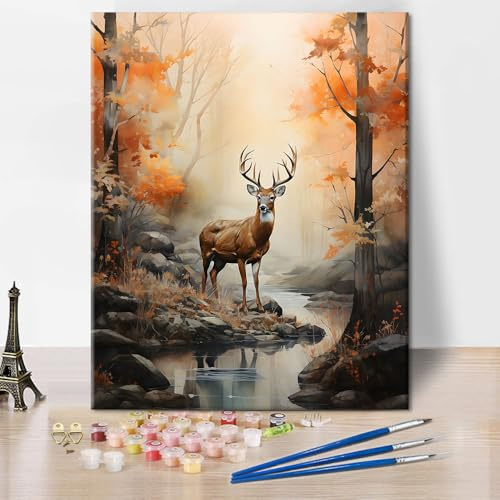 TISHIRON Hirsch Malen nach Zahlen Erwachsene, Waldtiere Thema | DIY Landschaft Acrylmalerei, Leinwand Geschenke, Entspannendes Hobby, Wanddekoration zu Hause, 40 x 50 cm Rahmenlos