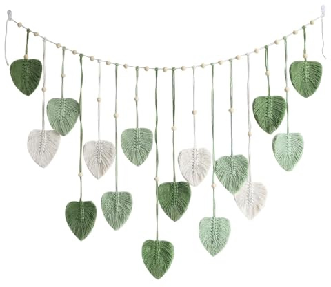 Macrame Foglie Arazzo Grande con Perline di Legno Boho Decorazione, 120 * 75 cm Arazzo da Parete, Foglie Intrecciate Bohémien Chic, per Esterni, Soggiorno, Camera da Letto, Interni