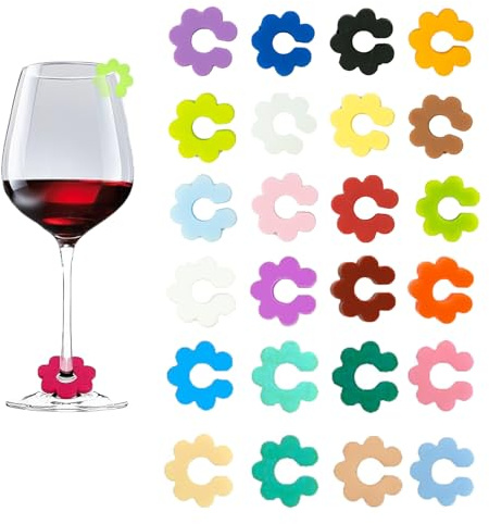 OYUUJII Glasmarkierer Silikon,24 Stück Bunte Glasmarker Wiederverwendbarer Glas Markierung Trinkgläser Weinglas Marker Gläser Markieren Glas Kennzeichnung für Bar Partydekorationen
