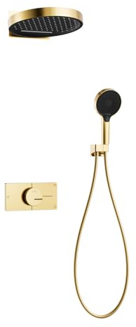 Billg Système De Douche Encastré, Comprend Une Pomme De Douche Ronde De 32 Cm, Une Douchette À Main avec Quatre Modes, Un Flexible De Douche De 150 Cm Et Un Support Réglable (Blanc).