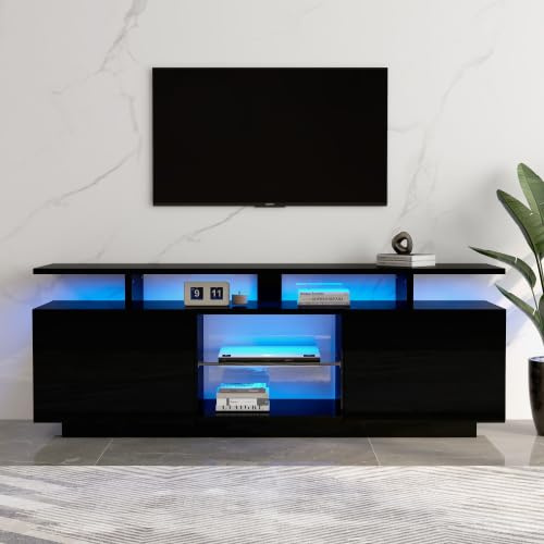 Merax Mueble de TV con iluminación LED de color negro, 140 cm, diseño brillante para televisores de 60 pulgadas, luces RGB controladas por aplicaciones, 2 puertas de armario y 5 compartimentos
