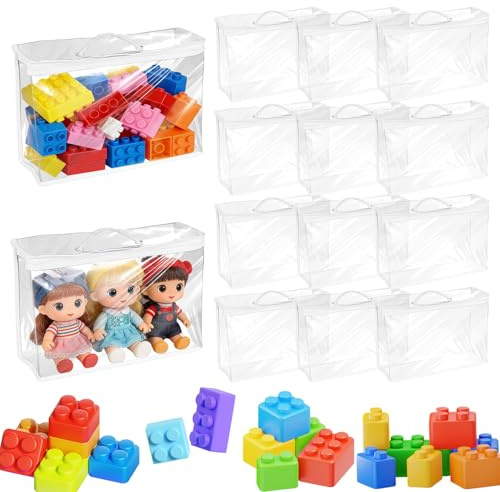 12 Pcs Toy Storage Bags with Zipper, Clear PVC Toy Organiser Bags with Handle, Large Clear Storage Bag for Building Blocks Puzzles Toys, Board Games, Small Models, Puzzle, 35x28x8cm